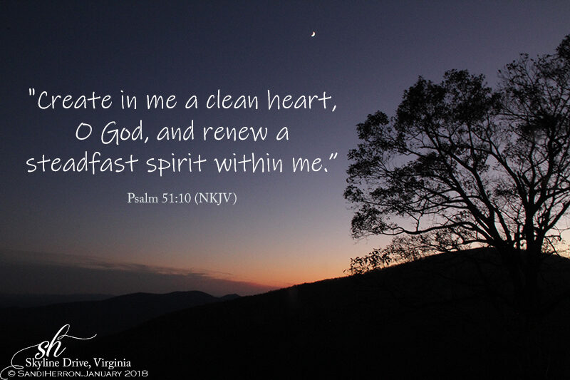 "Create in me a clean heart, O God..." Psalm 51:10. A prayer for each day of the week, a prayer for the coming year.