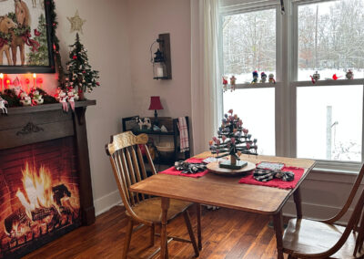 Enjoying morning in the breakfast room with a view of the snow.